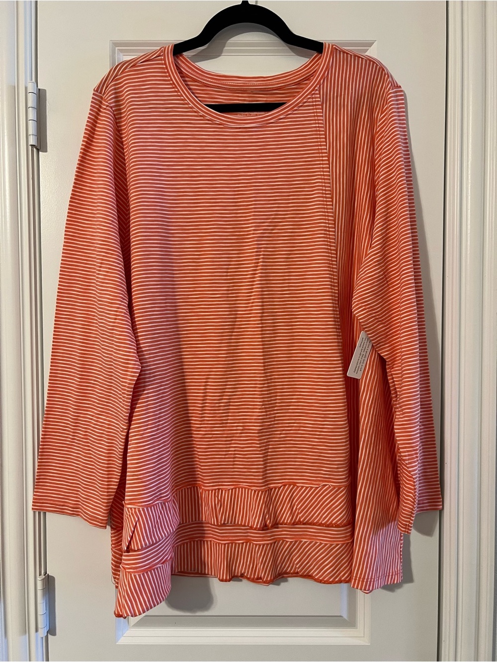 Striped Double Ruffle Hem Long-Sleeve Top - Coral/White